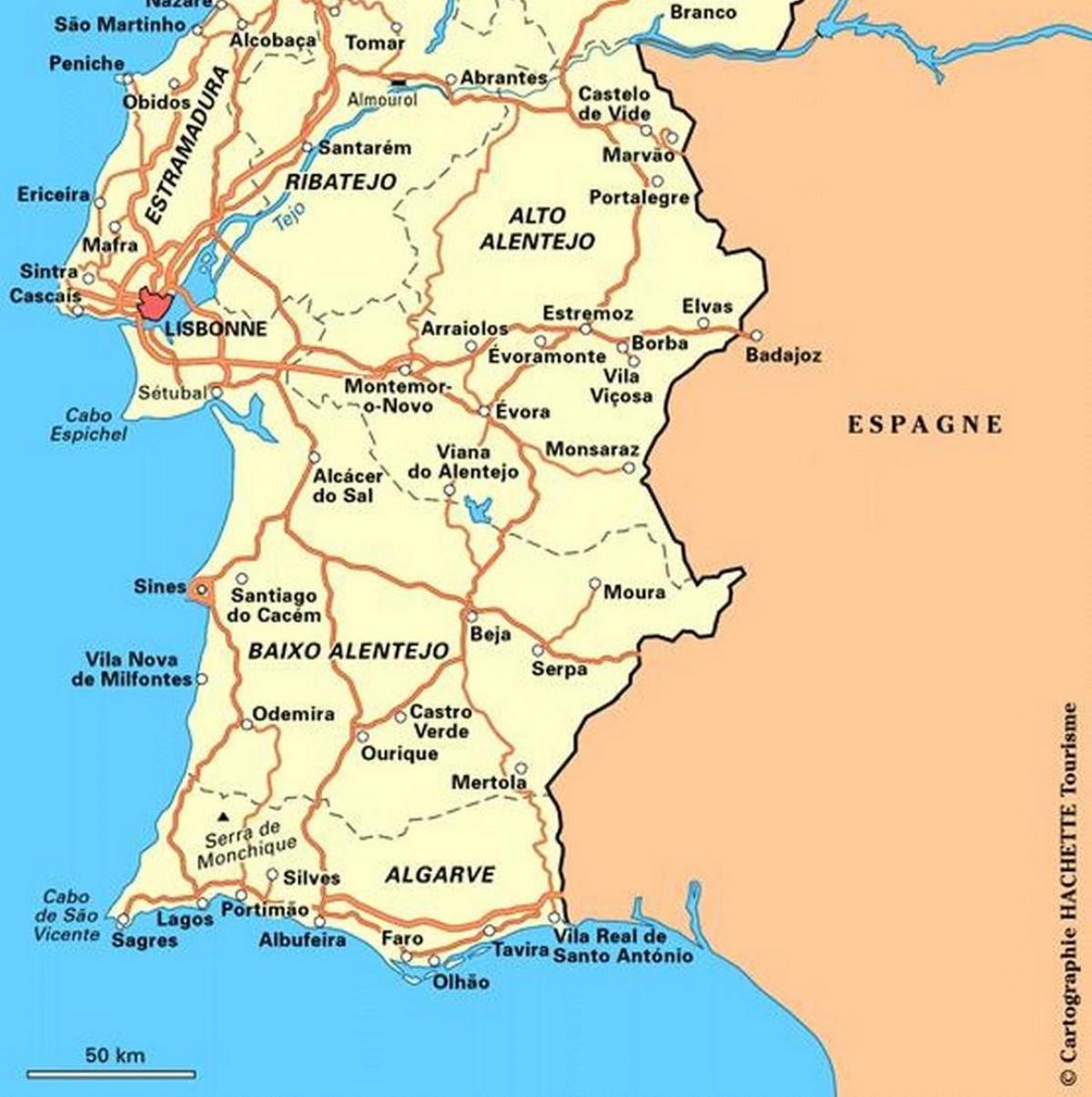 Mappa del Portogallo meridionale
