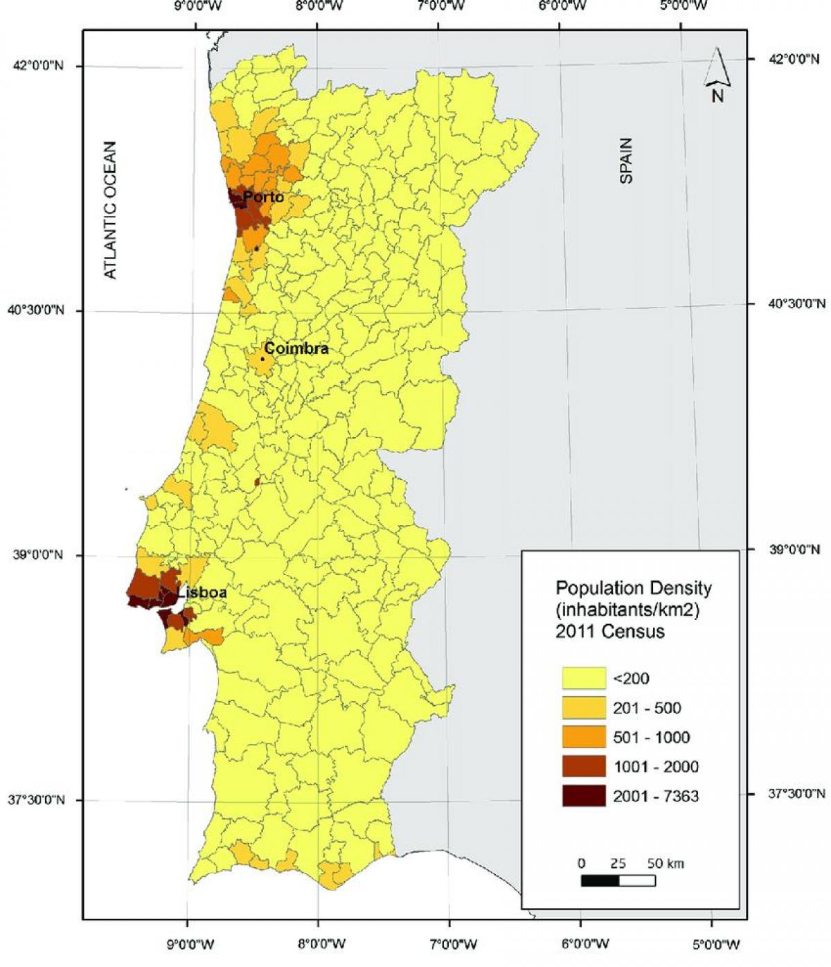 Mappa della densità del Portogallo