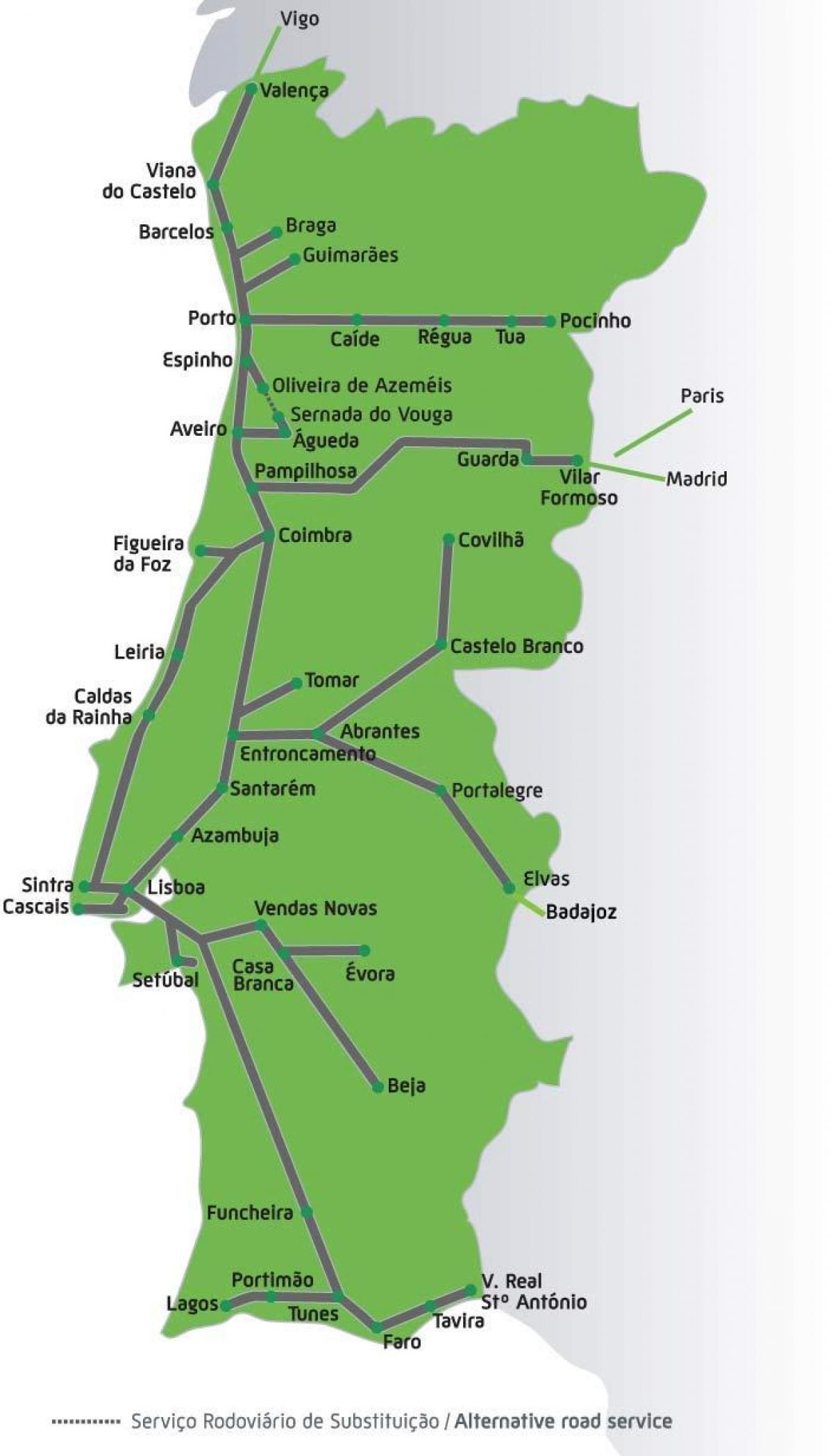 Mappa delle linee ferroviarie del Portogallo